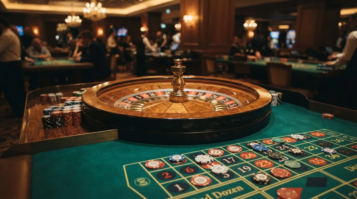 Roulettehjul og spillemærker på grønt filt i varmt aftenlys — anmeldelser af casinoer