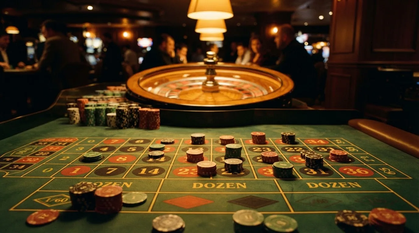 Roulettehjul og spillemærker på grønt filt i varmt aftenlys — bedste blackjack casinoer