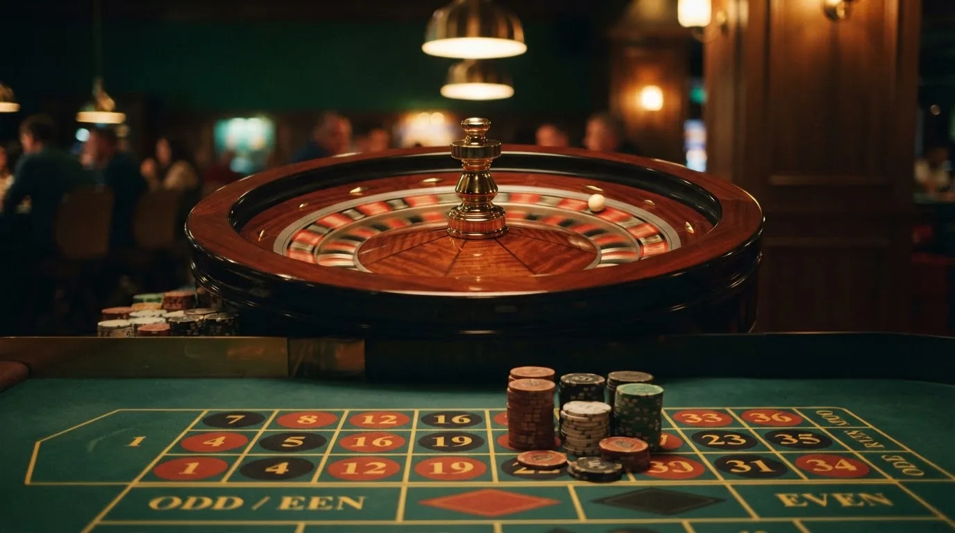 Roulettehjul og spillemærker på grønt filt i varmt aftenlys — bedste blackjack i danmark
