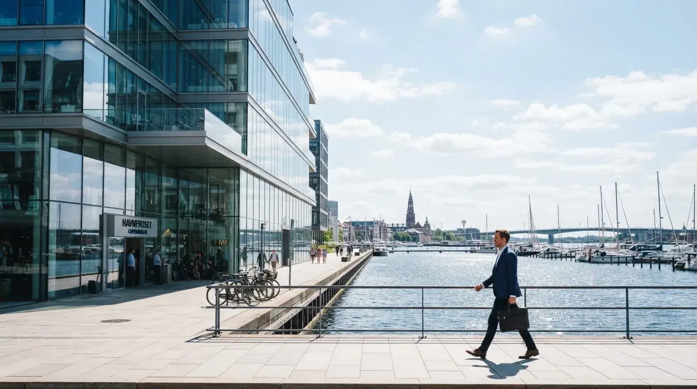 En moderne kontorbygning med glasfacade ved Københavns havn i klart dagslys, med en medarbejder i blazer, der går forbi.