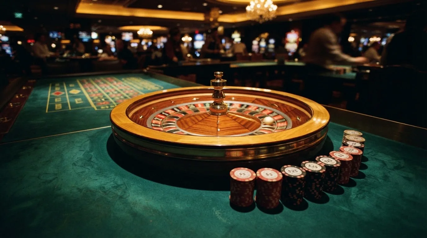 Roulettehjul og spillemærker på grønt filt i varmt aftenlys — bedste danske casino bonusser