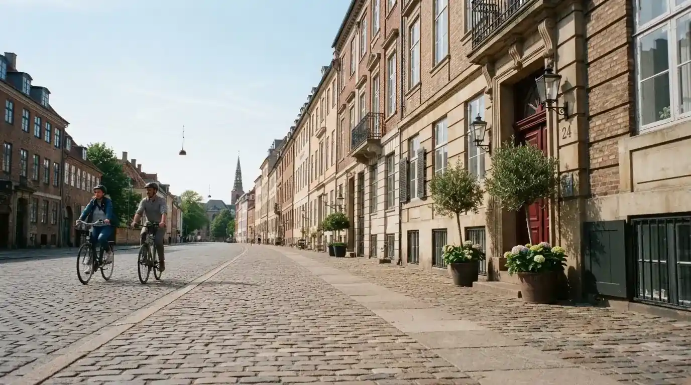 Københavnsk gade med klassiske bygninger og cyklister i klart vejr, set fra fortovet.