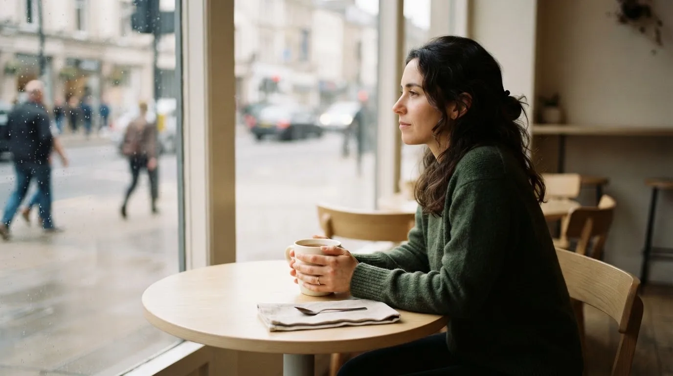 Kvinde sidder på en café med en kop te og kigger tænksomt ud ad vinduet i blødt dagslys.