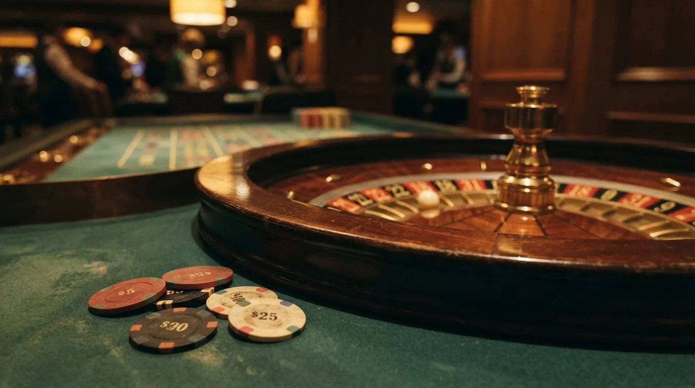 Roulettehjul og spillemærker på grønt filt i varmt aftenlys — bedste roulette casinoer