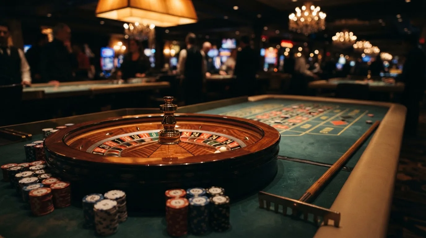 Roulettehjul og spillemærker på grønt filt i varmt aftenlys — bedste slots casinoer
