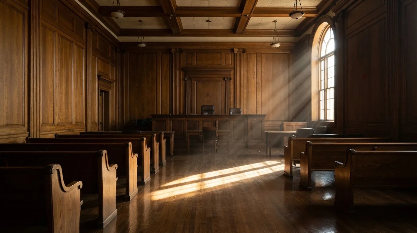 Tom retssal med træpaneler i morgenlys — casino bonus til eksisterende kunder