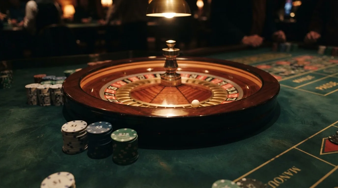 Roulettehjul og spillemærker på grønt filt i varmt aftenlys — casino bonus til eksisterende kunder