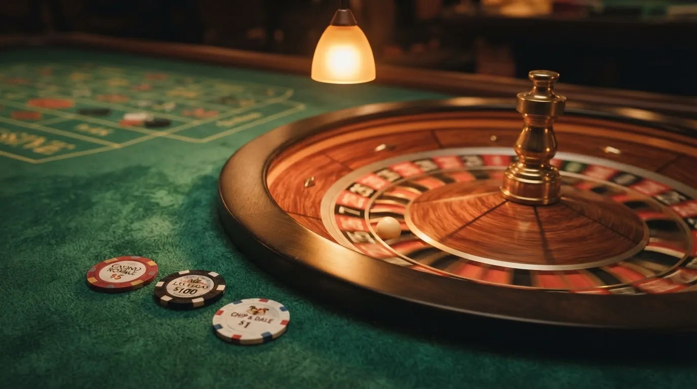 Roulettehjul og spillemærker på grønt filt i varmt aftenlys — casino bonus uden indskud dk