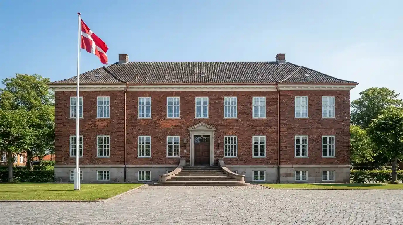 Facade af en klassisk dansk administrationsbygning i røde mursten med flagstang under blå himmel, uden personer.