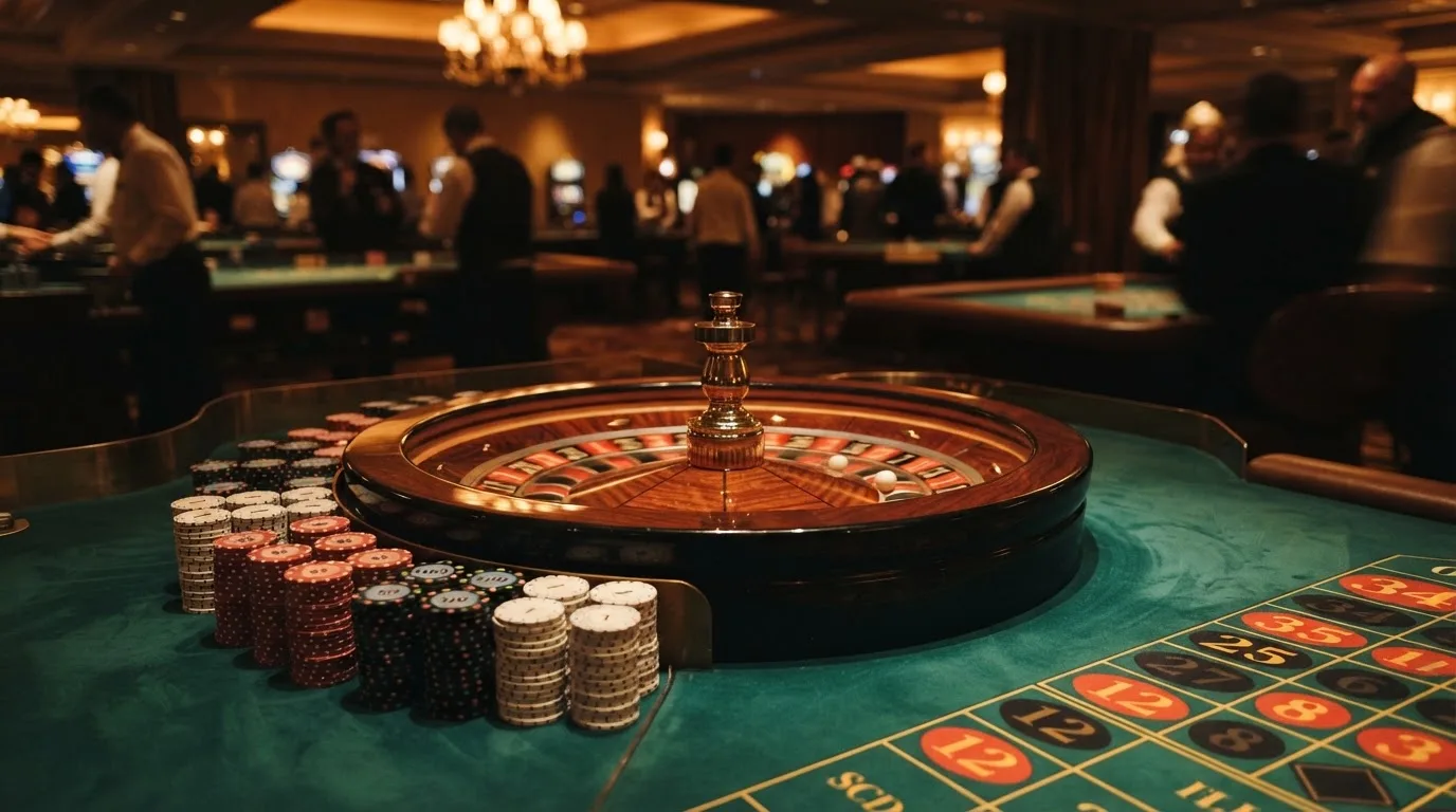 Roulettehjul og spillemærker på grønt filt i varmt aftenlys — casino med cardano i danmark