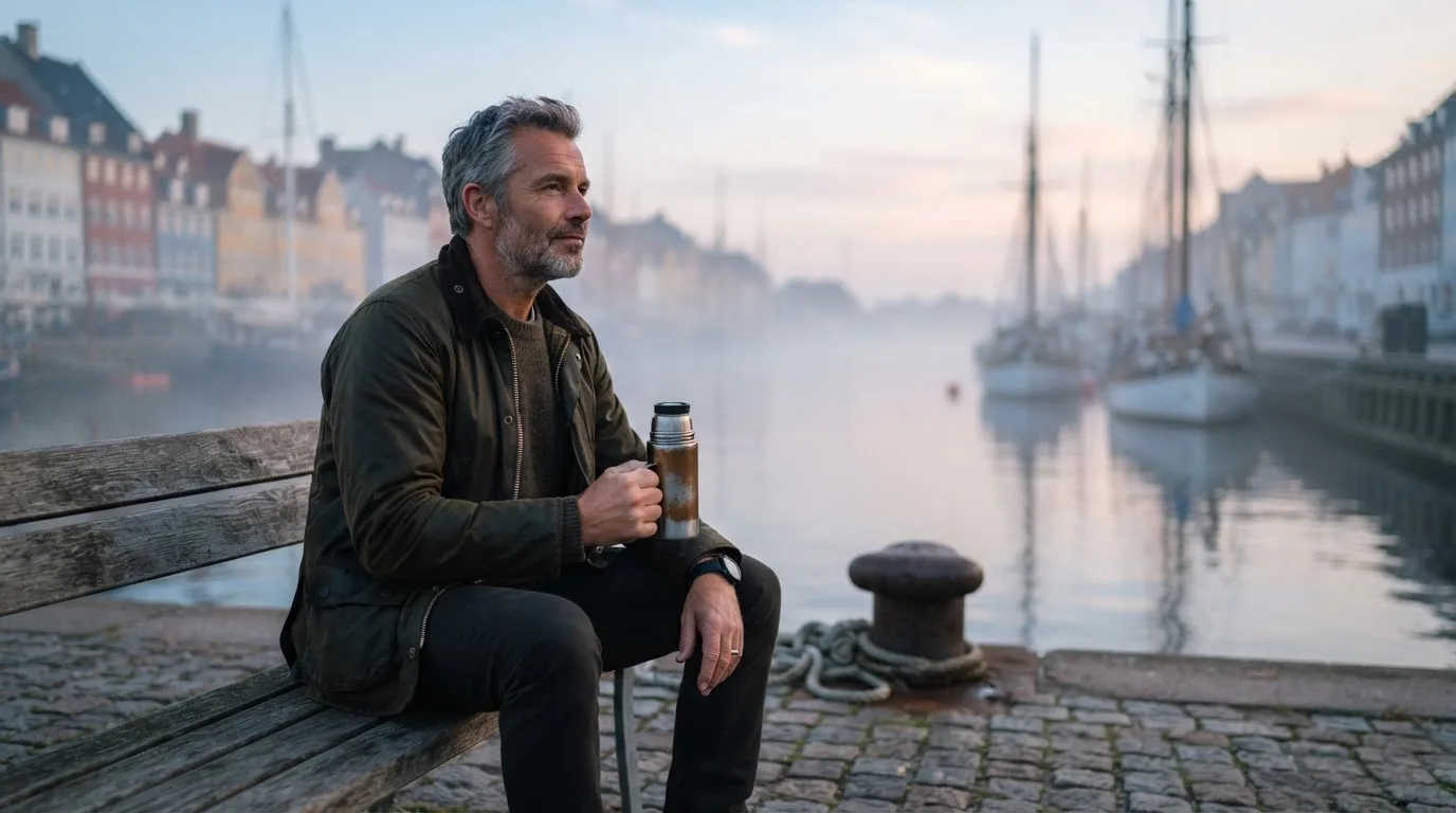 En mand sidder på en bænk ved havnen en tidlig morgen og ser ud over vandet med en termokop i hånden.