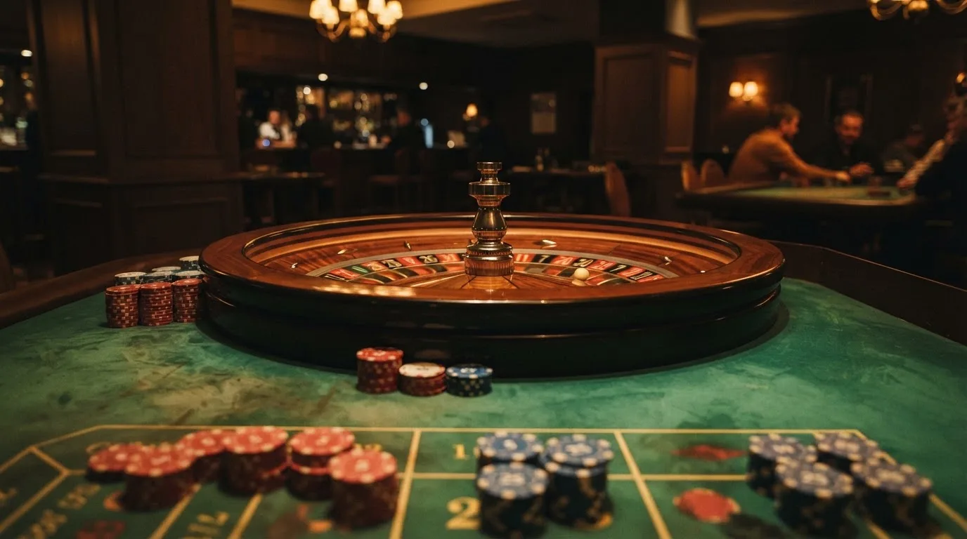 Roulettehjul og spillemærker på grønt filt i varmt aftenlys — casino med dogecoin i danmark