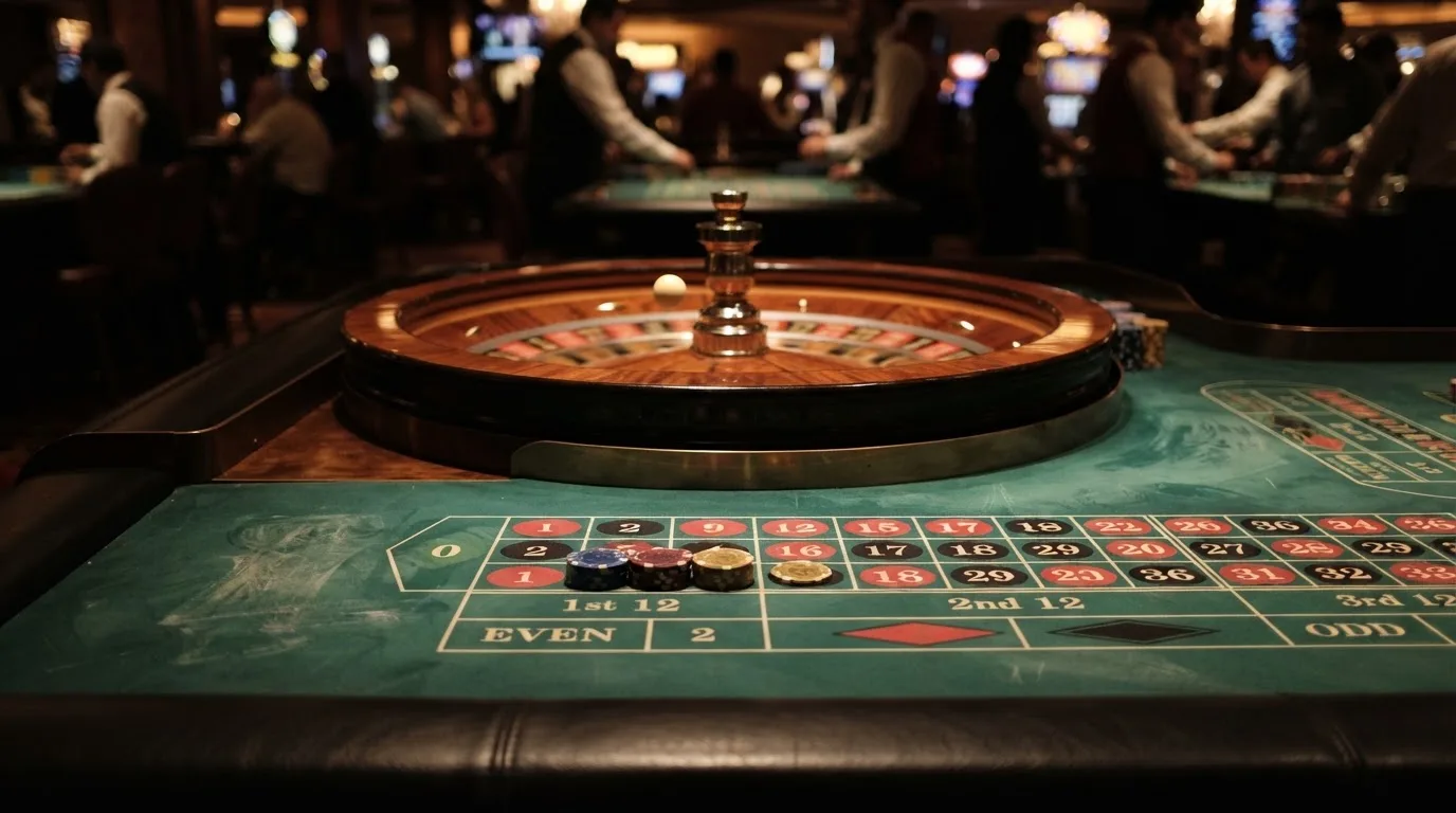 Roulettehjul og spillemærker på grønt filt i varmt aftenlys — casino med högst rtp