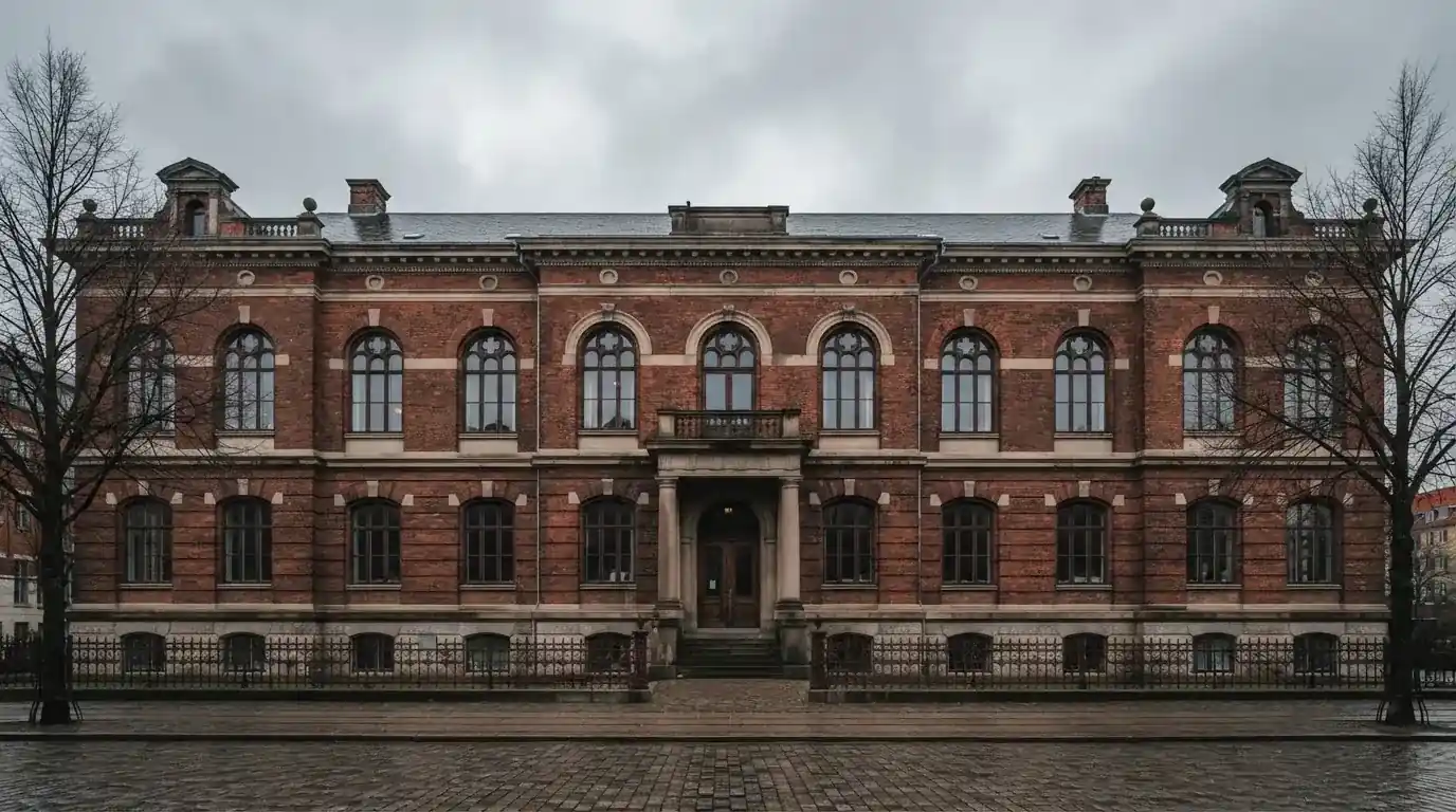 Facade af en gammel administrationsbygning i røde mursten med høje vinduer under skyet himmel, uden personer.
