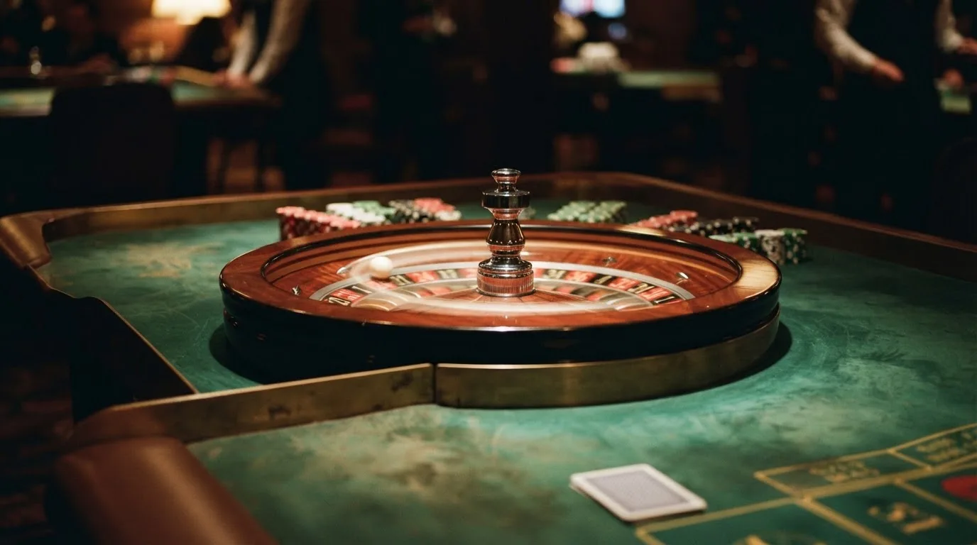 Roulettehjul og spillemærker på grønt filt i varmt aftenlys — casino på mobilen i danmark