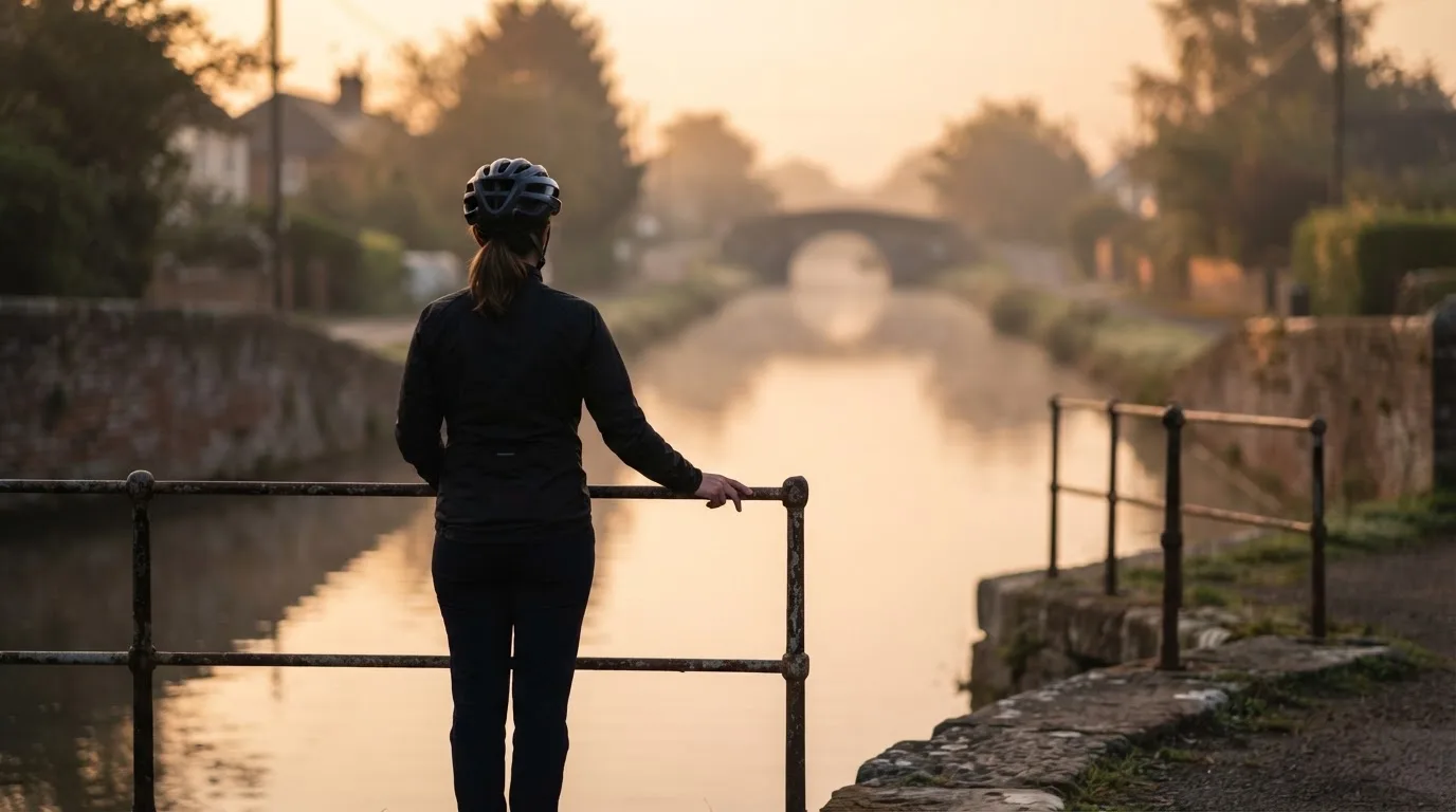 Kvinde i cykelhjelm holder pause ved en bro over en kanal og ser ud over vandet i morgenlys.