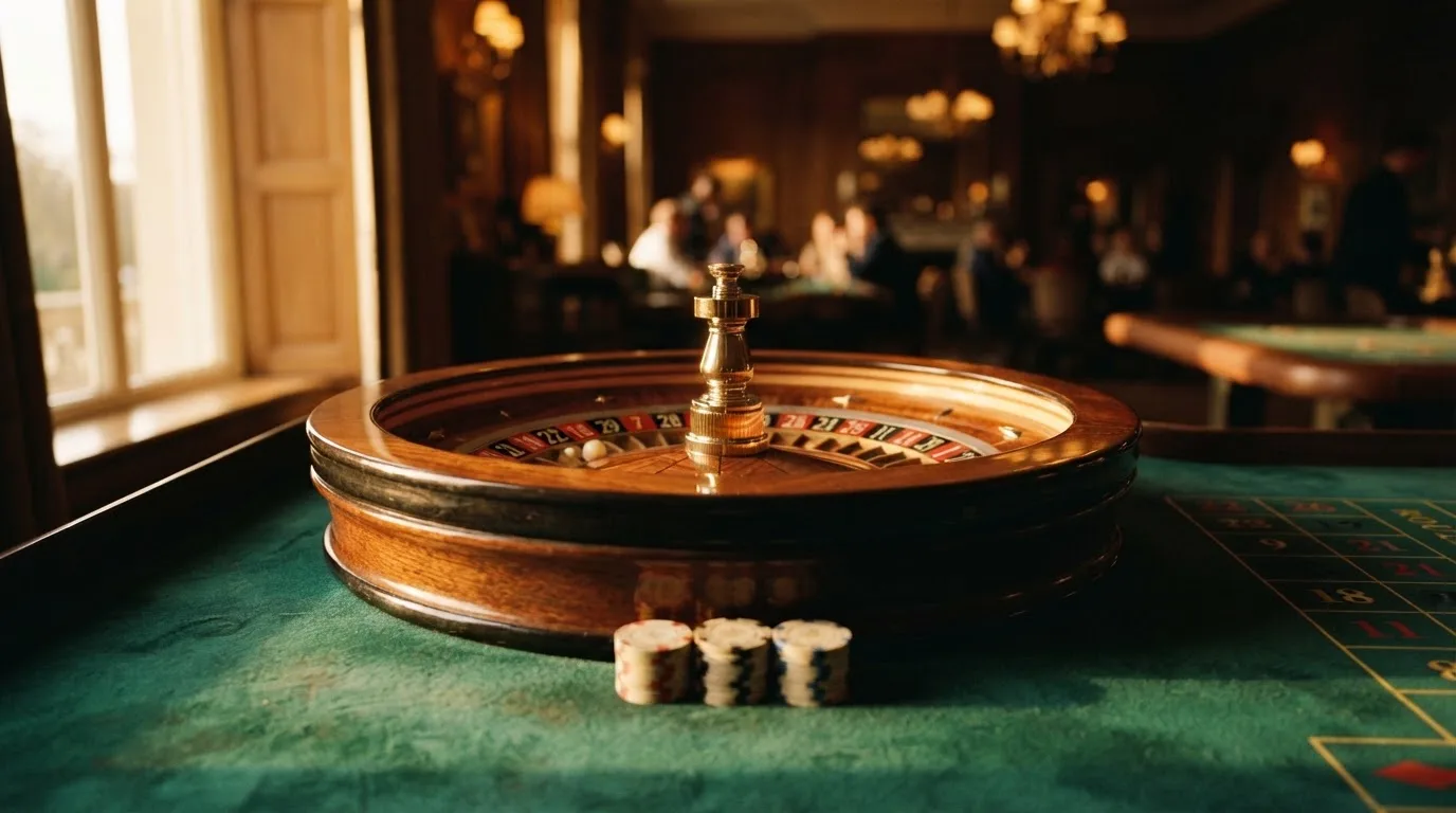 Roulettehjul og spillemærker på grønt filt i varmt aftenlys — casino uden dansk licens