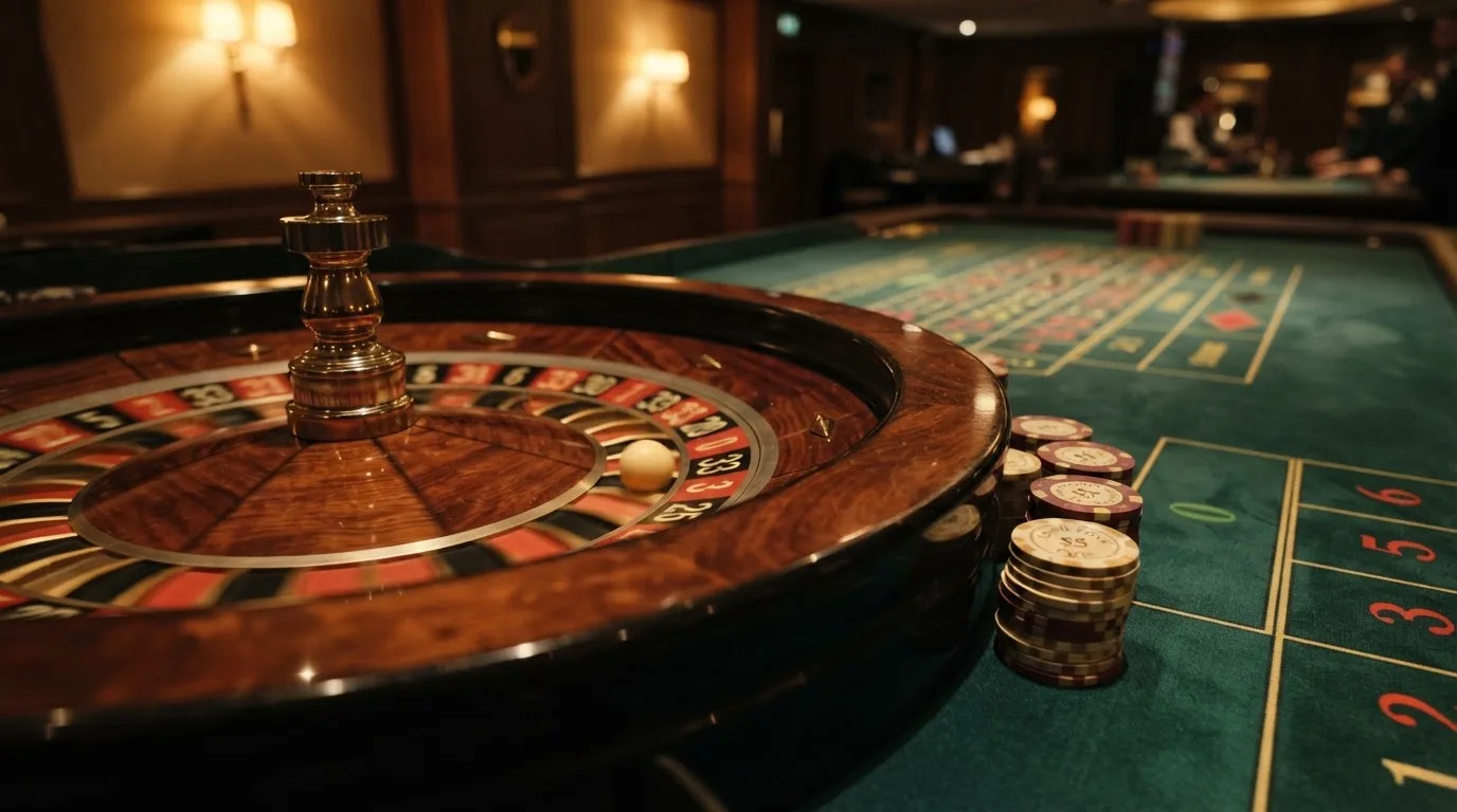 Roulettehjul og spillemærker på grønt filt i varmt aftenlys — dansk live roulette