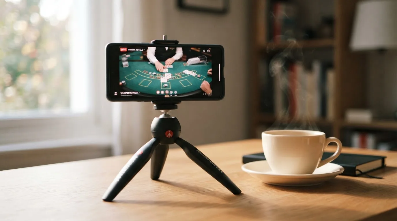 En smartphone på et stativ viser en uskarp videostream af et spillebord, mens en kaffekop står ved siden af på et skrivebord.