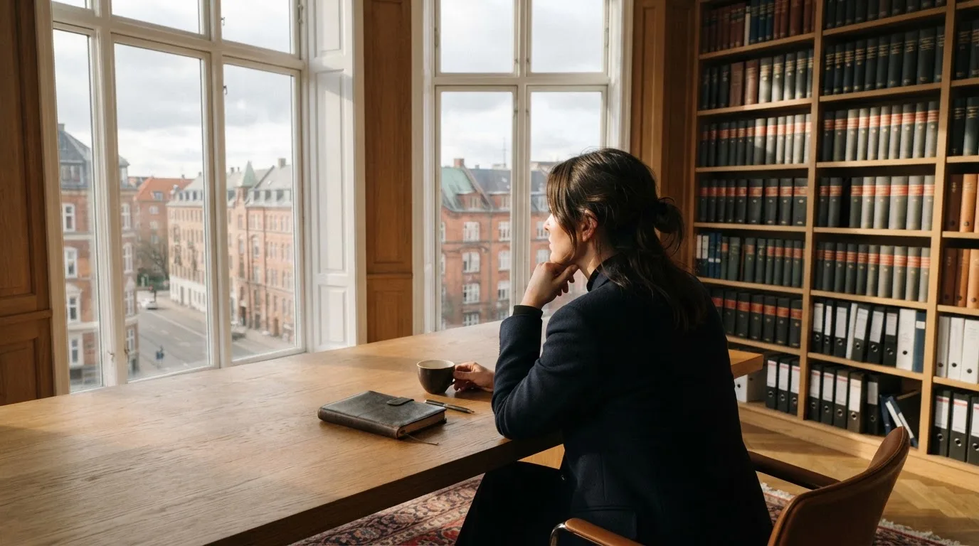 Jurist sidder ved et skrivebord i et lyst københavnsk kontor med reol, kaffekop og store vinduer og kigger eftertænksomt ud.