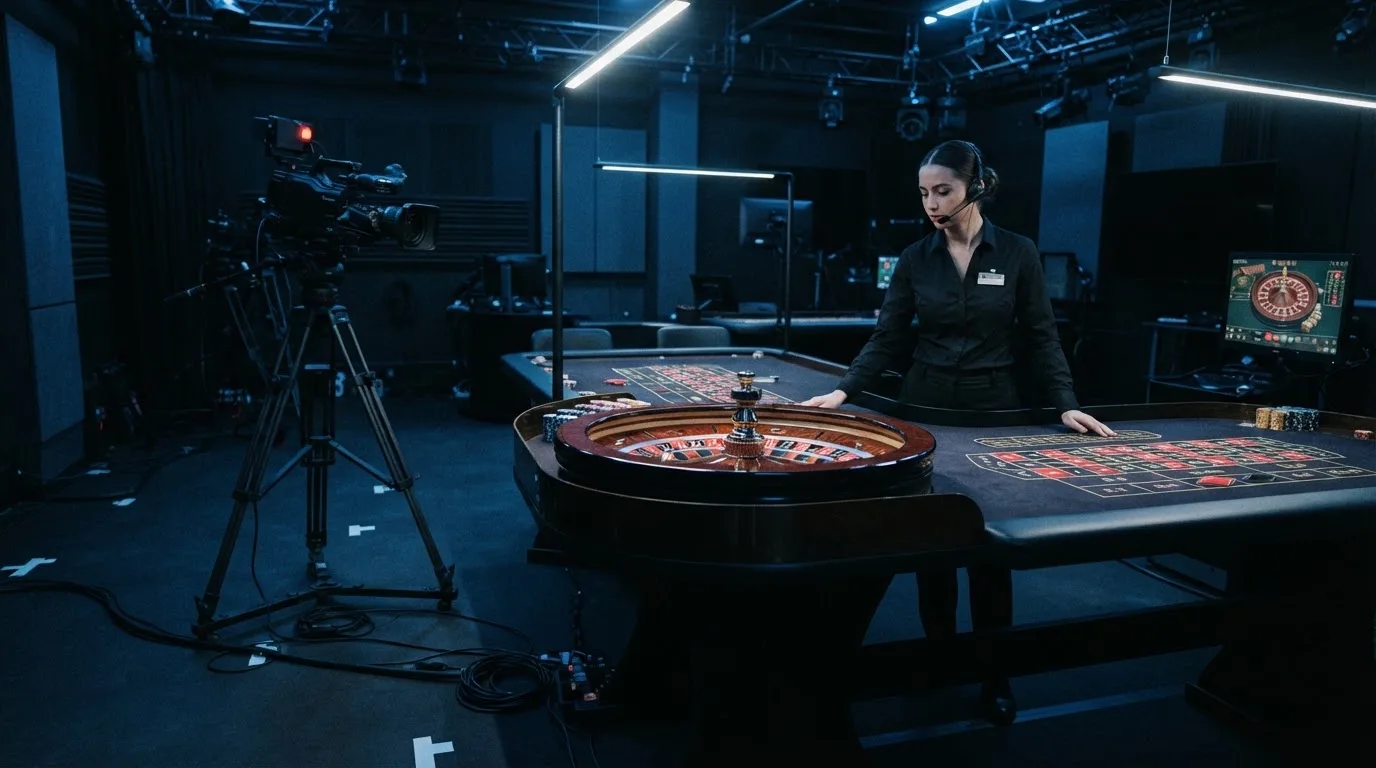 Kameraer på stativer og et roulettehjul midt i et mørkt livecasino-studie med en dealer i uniform, set fra siden i blåligt lys.