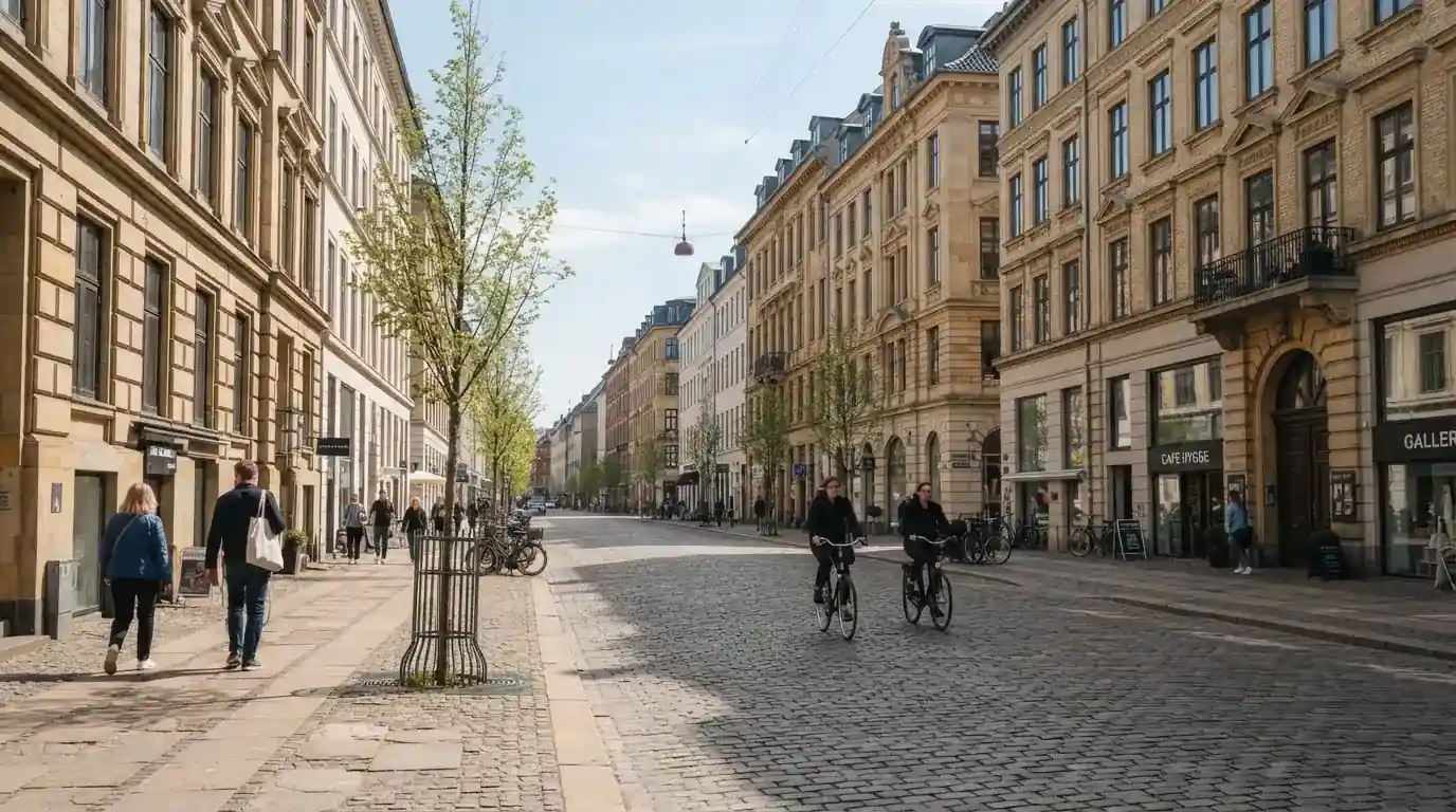 Københavnsk gade med klassiske sandstensbygninger og cyklister i klart vejr, set fra fortovet.