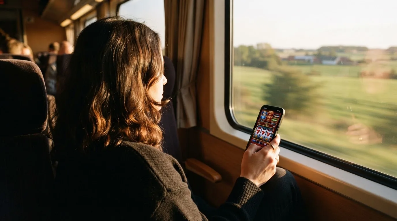 Kvinde på toget ser ud ad vinduet med mobilen i hånden, mens landskabet suser forbi i eftermiddagslys.